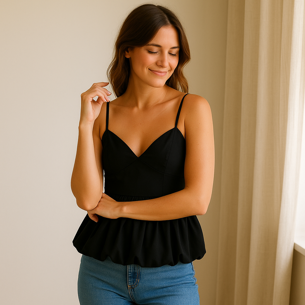 Top à bretelles effet bouffant noir